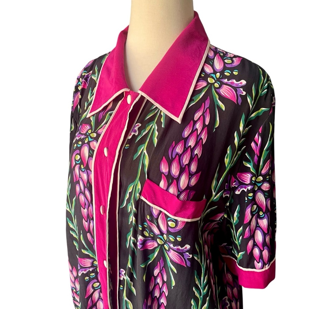 Bob Mackie Wearable Art 100% Silk Floral Button-down Blouse Top Sz XL